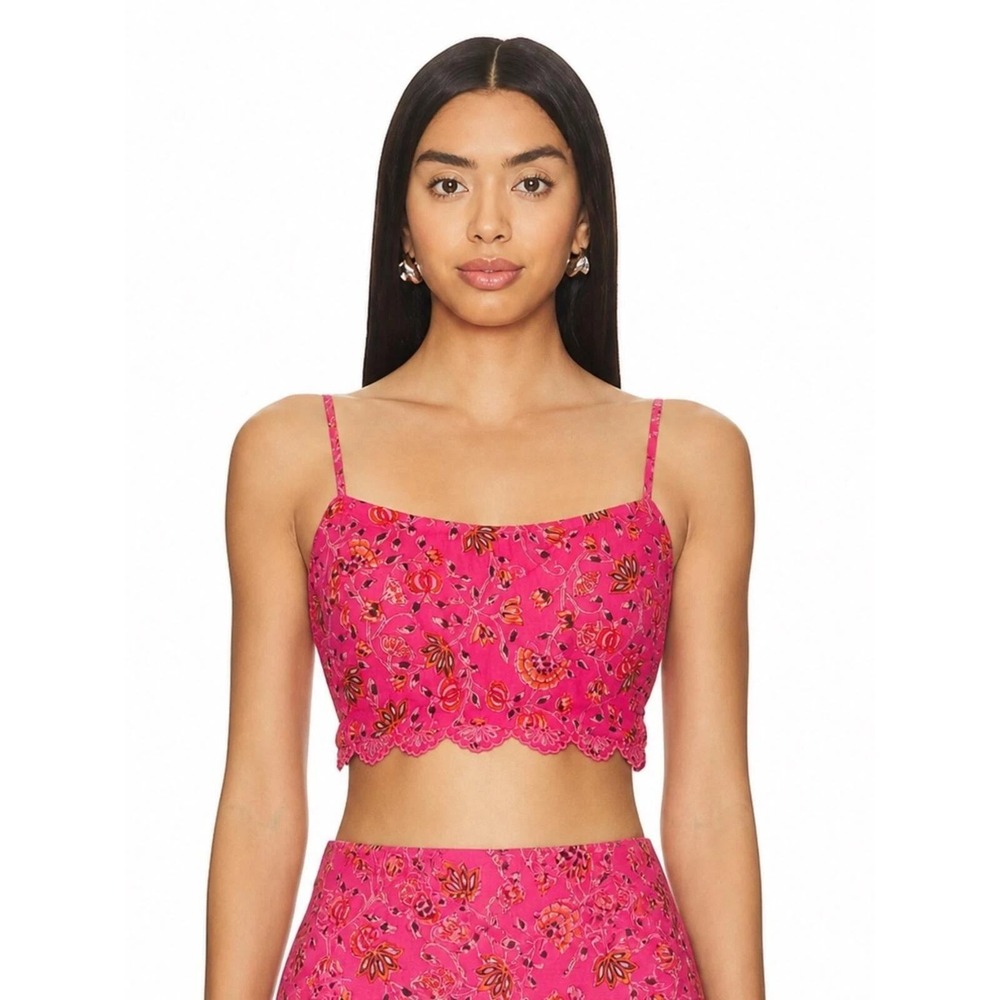 Caroline Constas Boho Pink Floral Scalloped Crop Tank Top Fairy Festival Women L